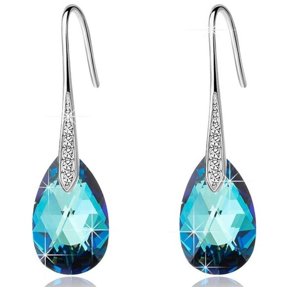 14K White Gold with Bermuda Blue Austrian Crystal Teardrop Drop Hook Earrings